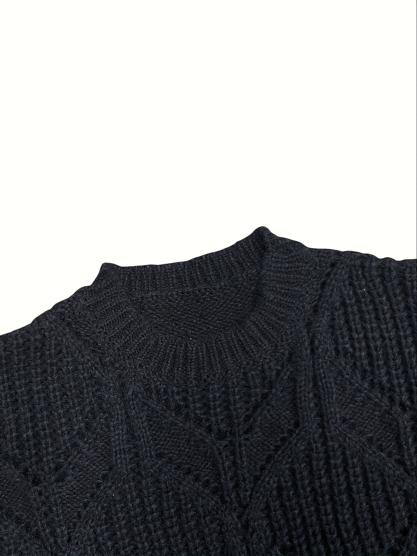  Solid Pointelle Knit Crew Neck Long Sleeve Sweater