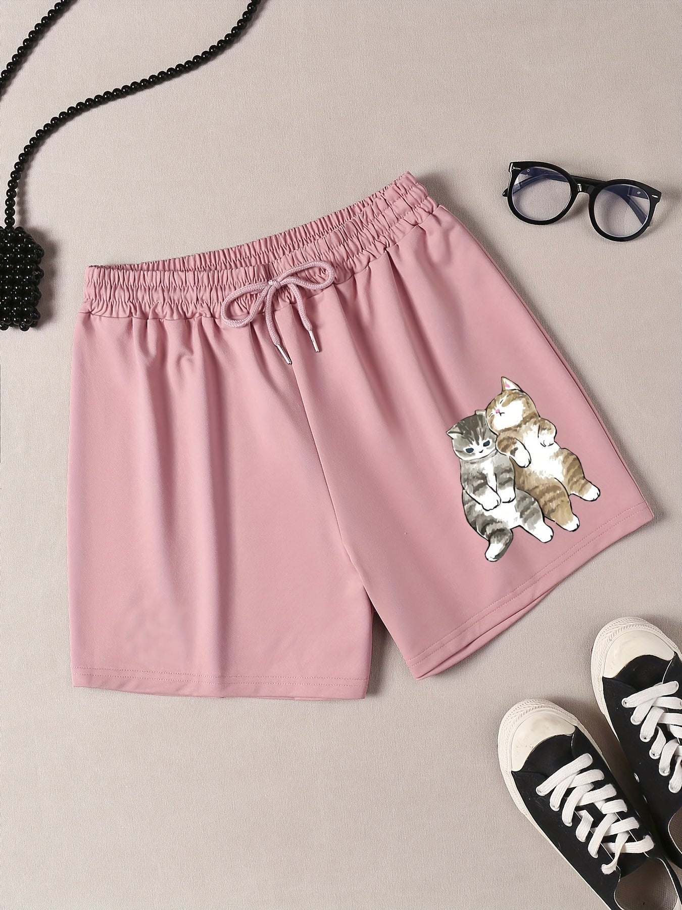 Women's Plus Cats Print Drawstring Elastic Waist Shorts
