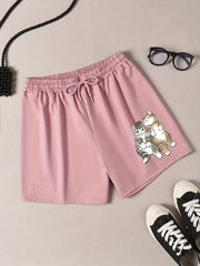 Women's Plus Cats Print Drawstring Elastic Waist Shorts