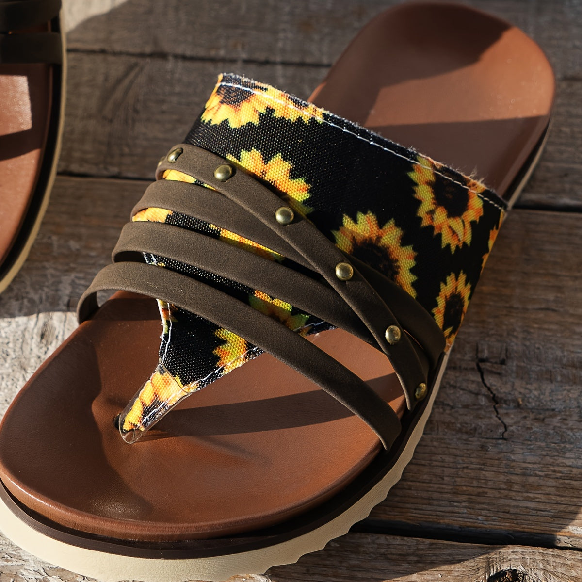 Boho Sunflower Thong Sandals Non-slip Beach Slippers Women