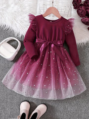 Girls Ruffled Sleeves Stars Mesh Princess Dress For Party