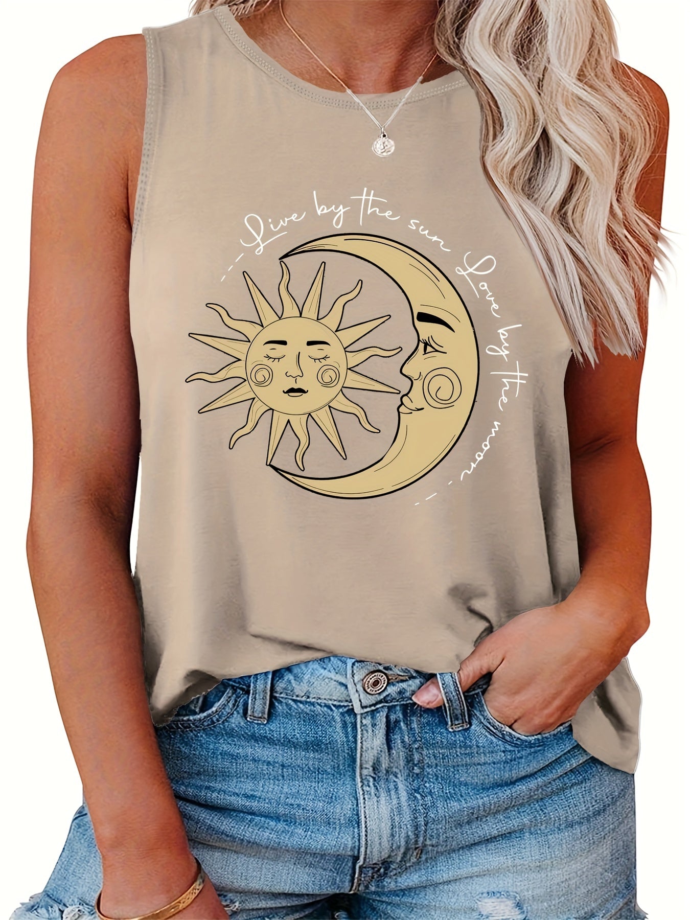  Sun & Moon Print Tank Top Round Neck Casual Slogan Plus Women