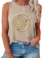  Sun & Moon Print Tank Top Round Neck Casual Slogan Plus Women