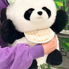 Large Huggable Panda Plush Toy with Expressive Eyes & Checkered Bib