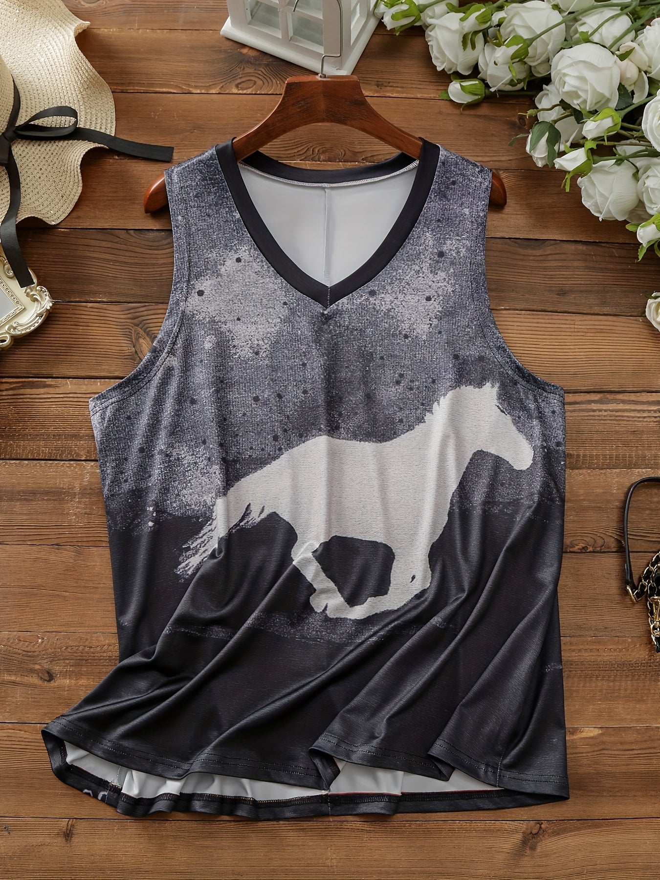 Colorblock Horse Print Tank Top