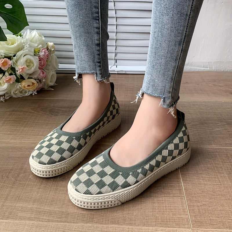 Women's Plaid Loafers Knit Slip On Shoes Comfortable Flats