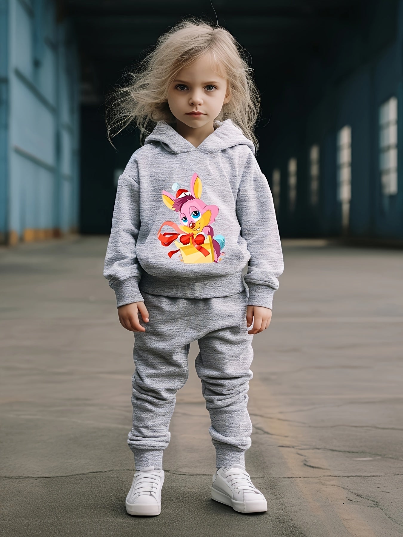 Girls 2pc Rabbit Pattern Hooded Sweatshirt and Sweatpants Set