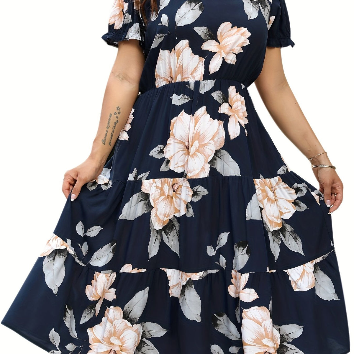  Women's Floral Print Round Neck Midi Smock Dress
