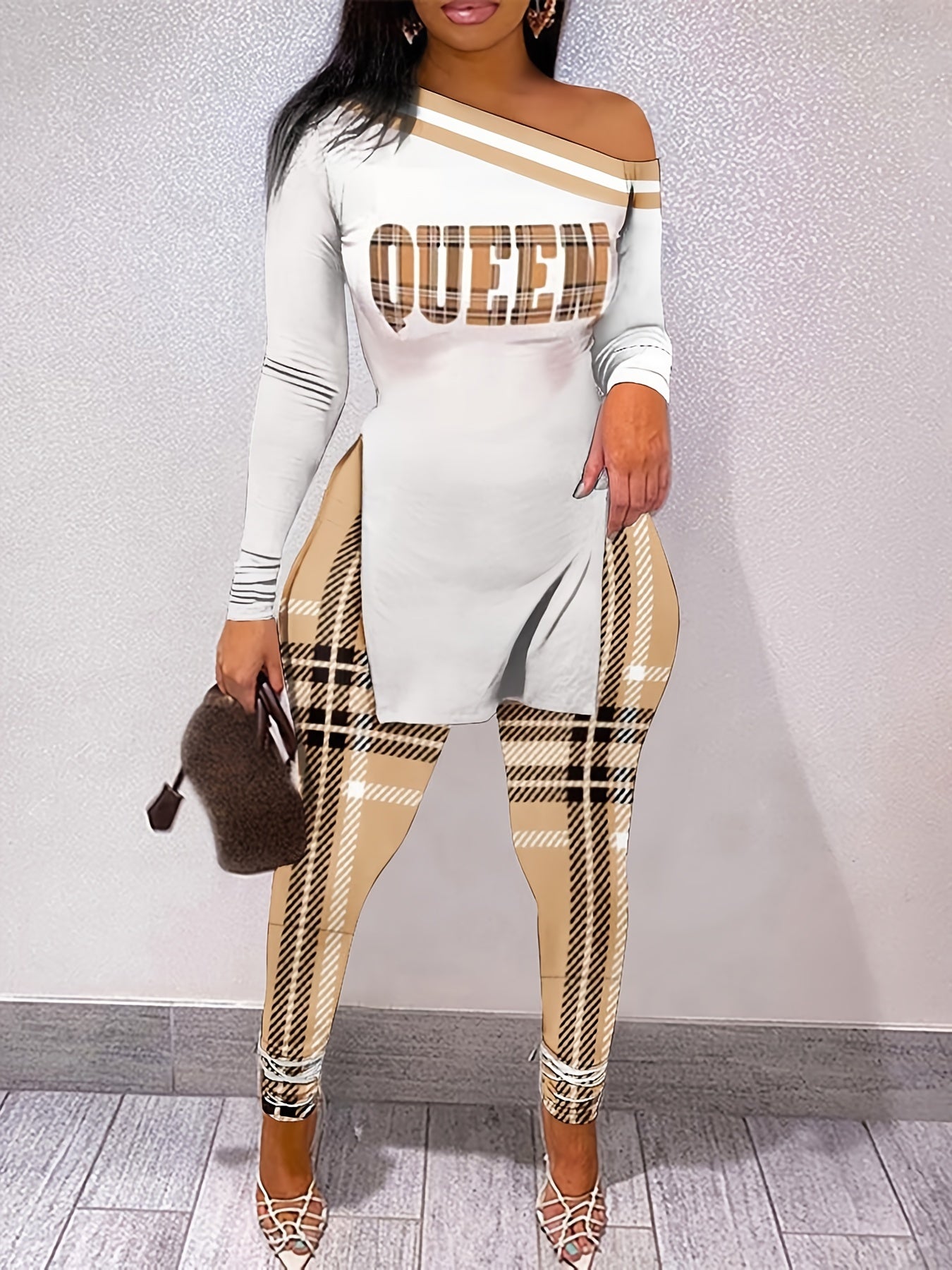 Irregular Bodycon Two piece Set Letter Print Long Sleeve Tops & Plaid Pants