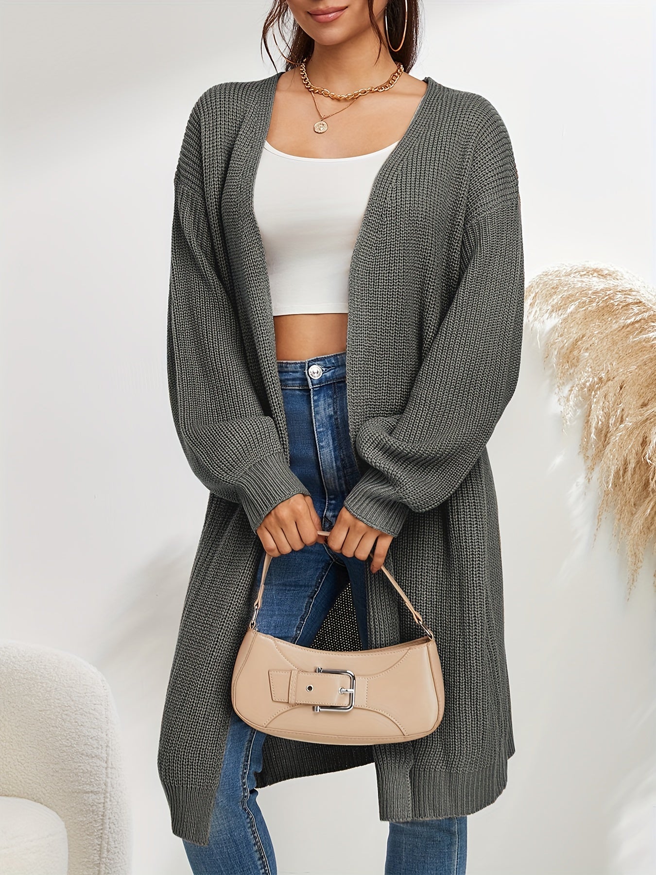 Long Length Knit Cardigan Open Front Sweater Women's Clothing