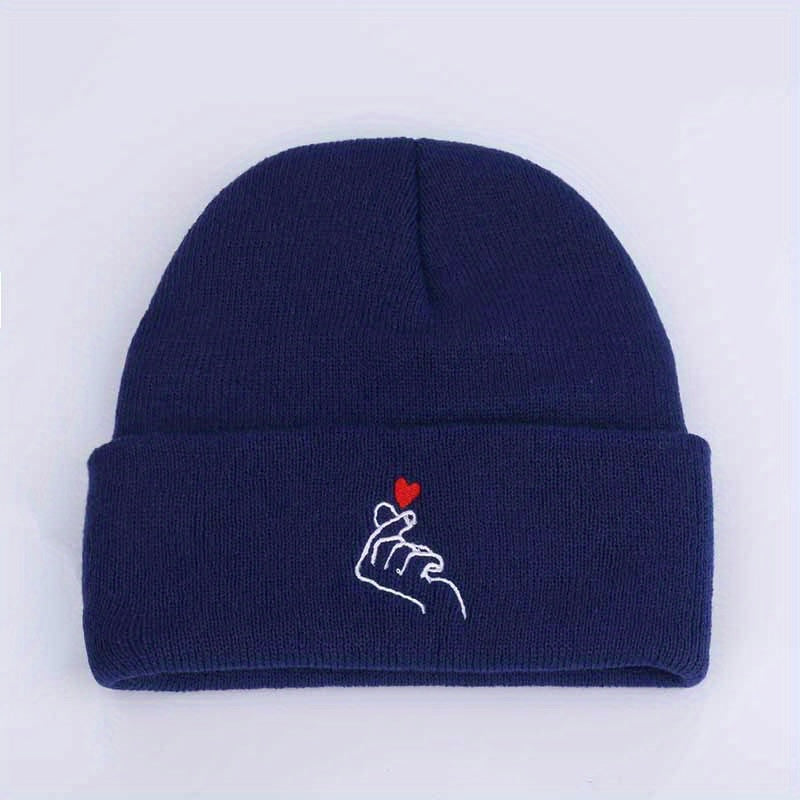 Love Gesture Embroidered Beanie Warm Skull Cap Couple Knit Hat