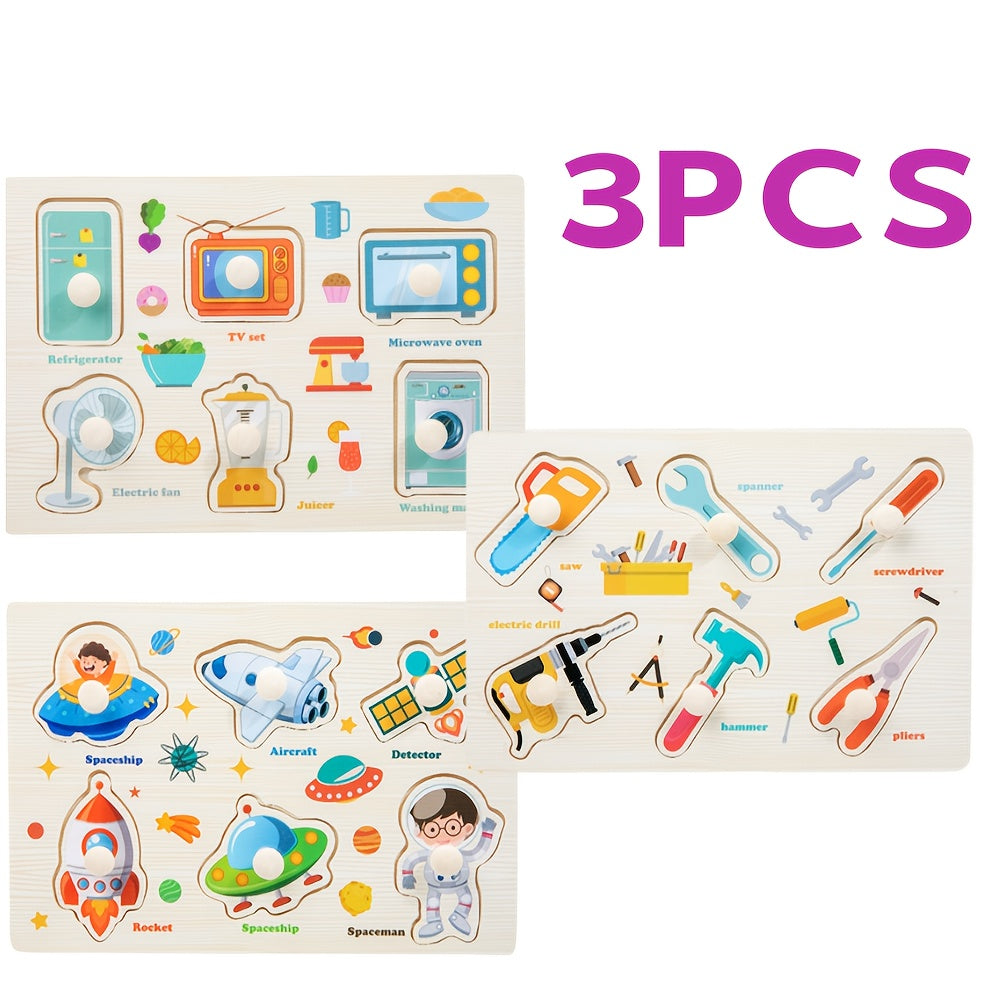 3pcs Wooden Peg Puzzles for Kids Alphabet Numbers Learning Sets Durable Wood
