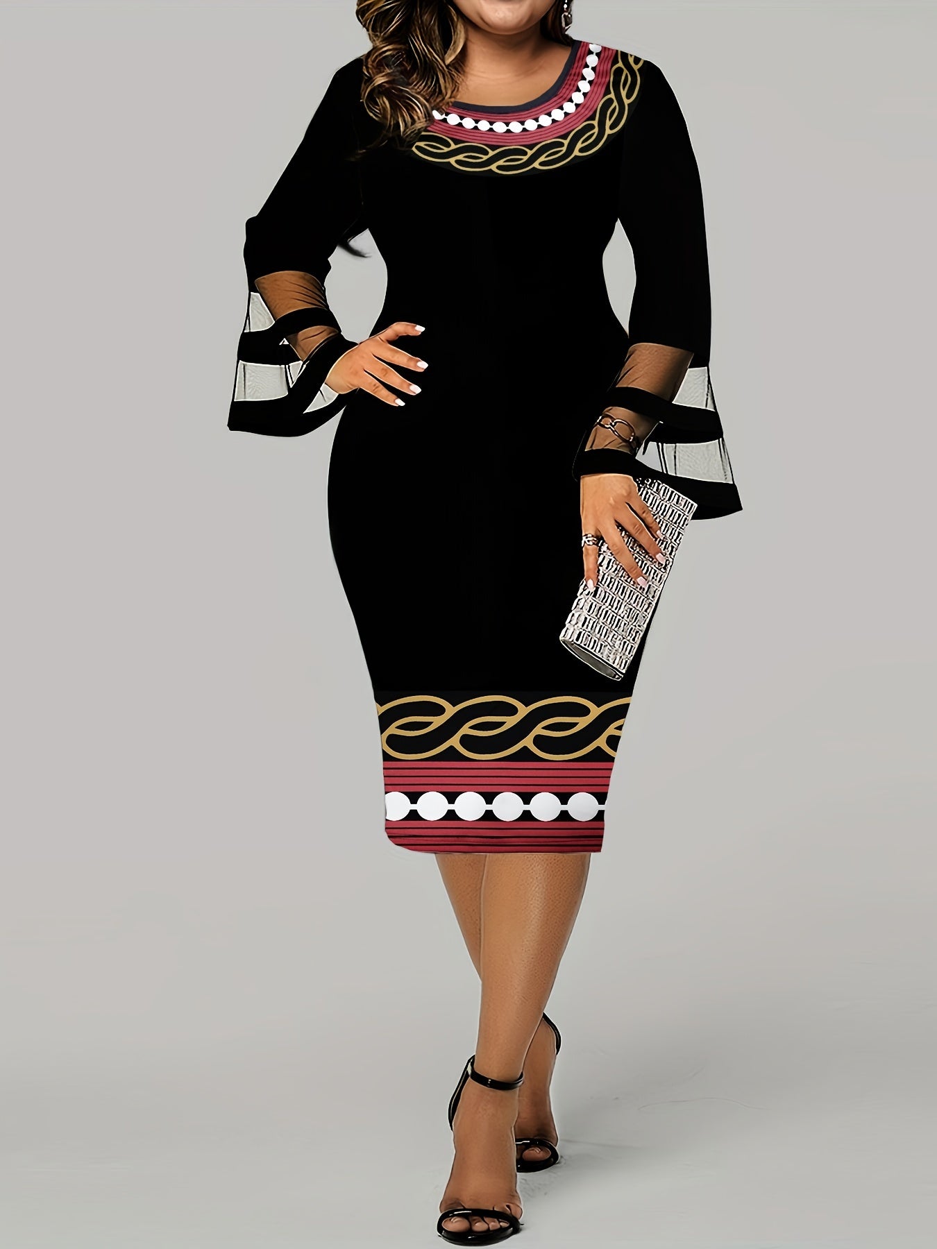  Colorblock Geometric Print Mesh Bell Sleeve Midi Dress