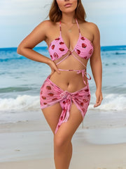 Strawberry Print Bikini Set with Cover Up Skirt