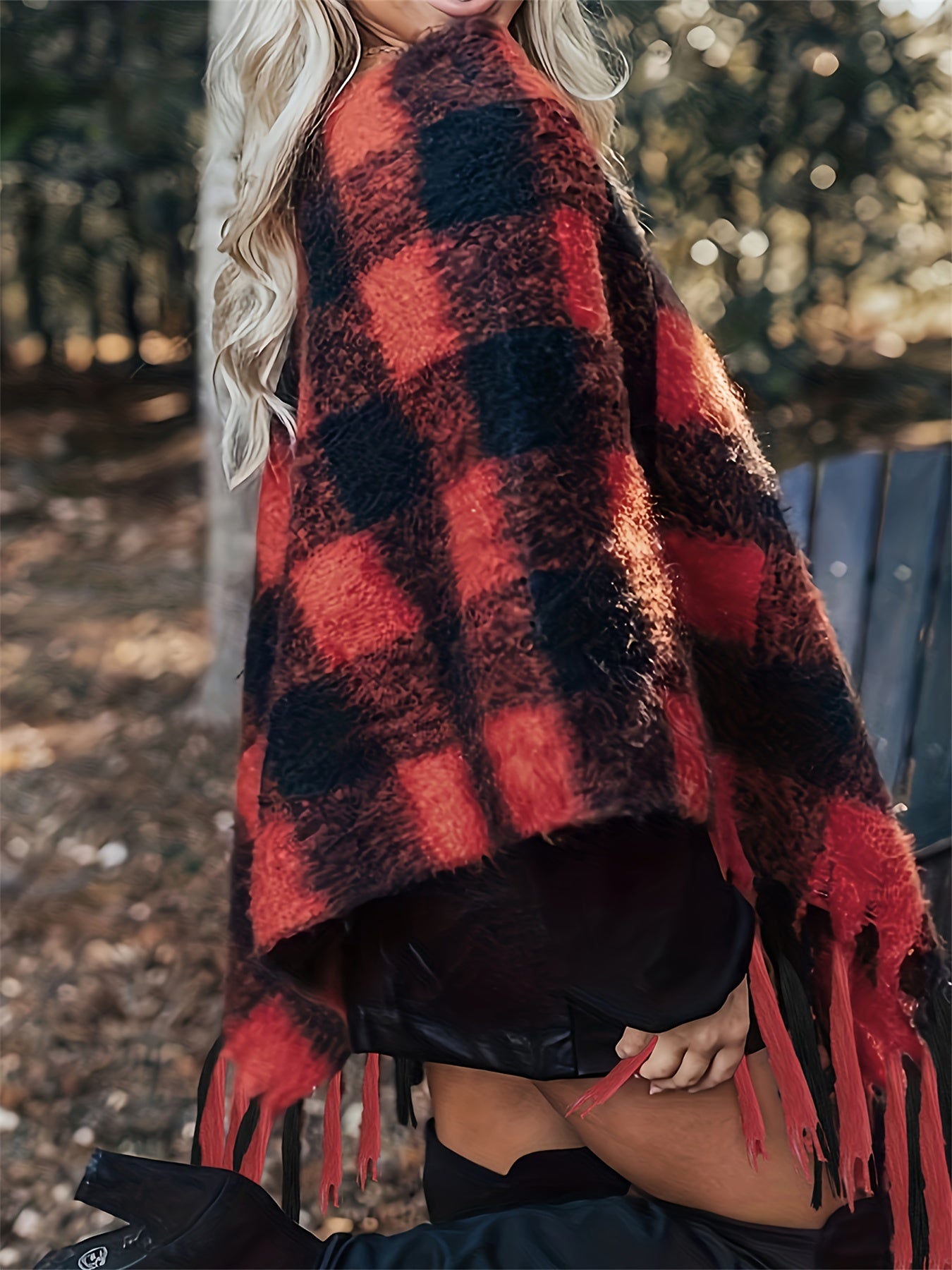  Gingham Print Fringe Trim Shawl Sweater