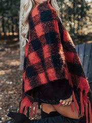  Gingham Print Fringe Trim Shawl Sweater