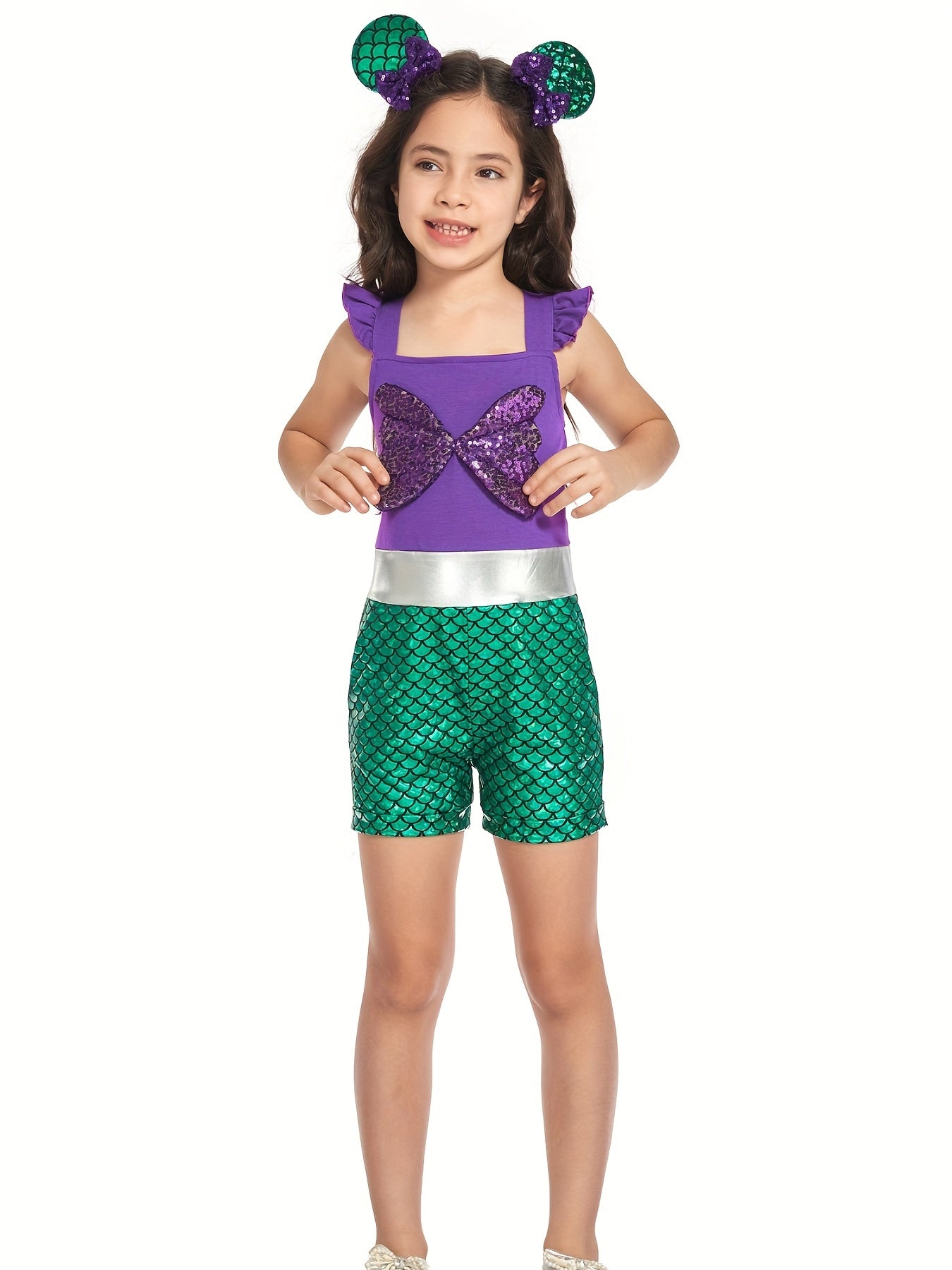 Girls Mermaid Ruffle Sleeve Jumpsuit with Bow Romper for Summer Costume