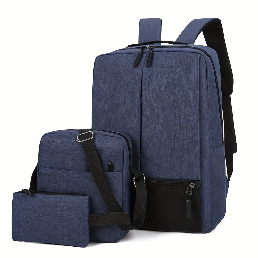 3pcs Men's Backpack Crossbody Bag Set With USB Charging Port