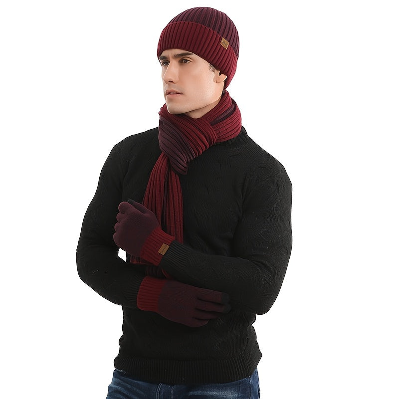 Men's Winter Hat Scarf Gloves Set Fleece Lined Beanie Touch Screen Gloves