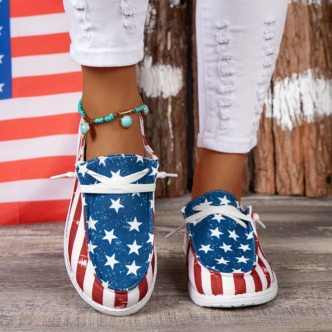 Women's Flag Pattern Canvas Low Top Slip-On Loafers for the 4th of July