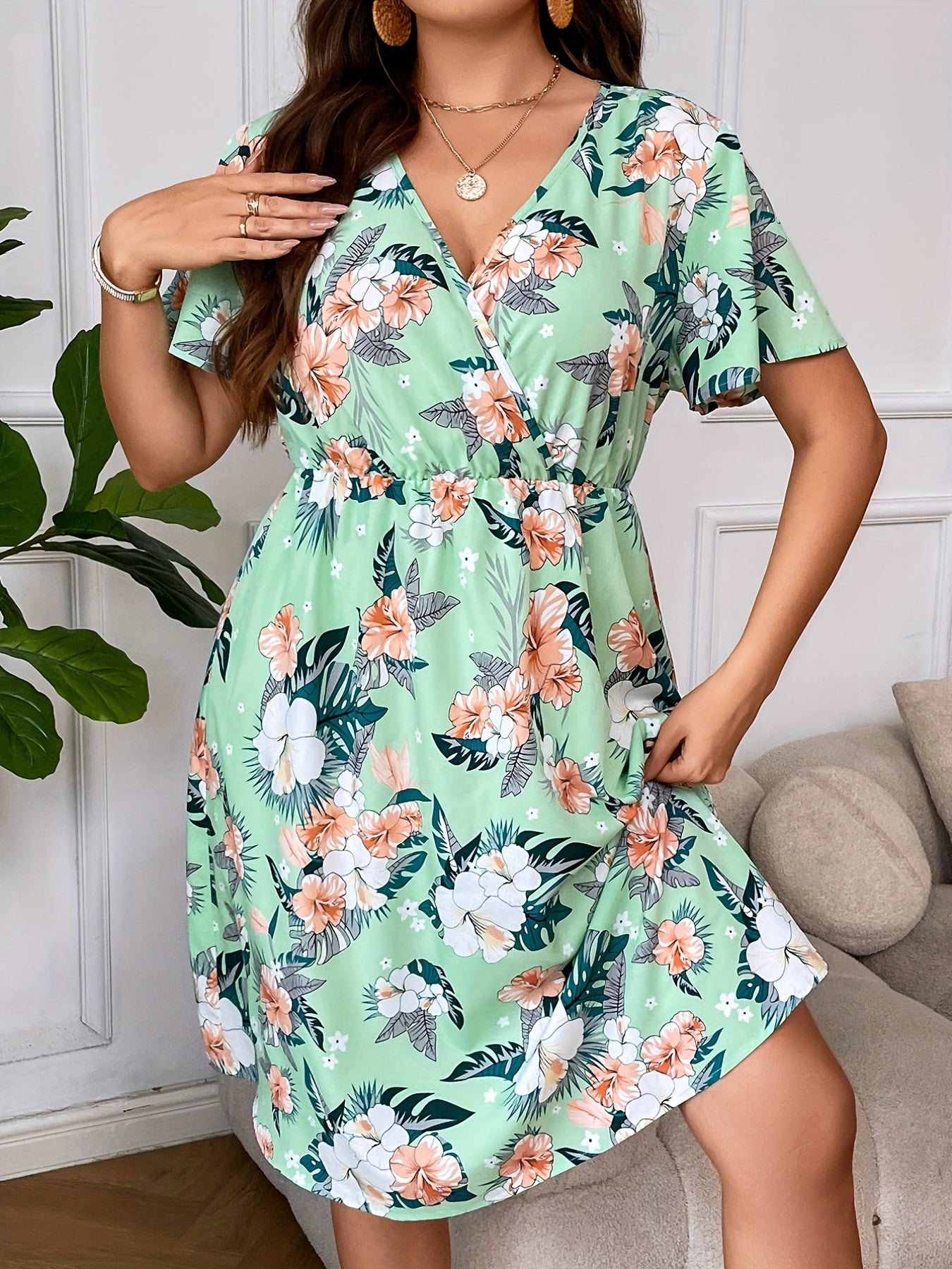  Women's Floral Print Short Sleeve Midi Dress