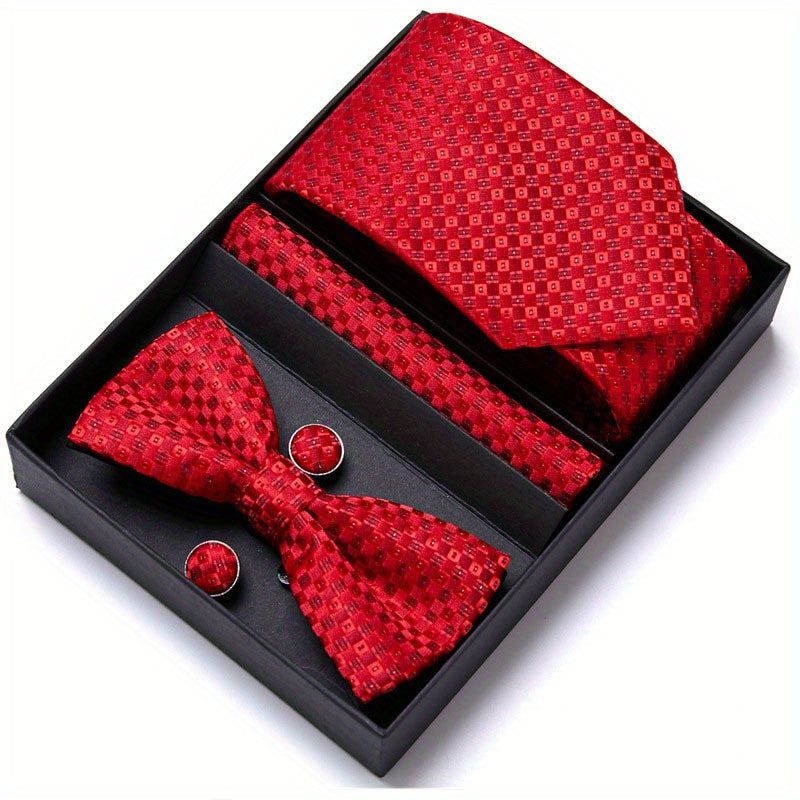 Men's Bow Tie Set 6 piece Set Tie Bow Tie Square Scarf Cufflinks Red Series