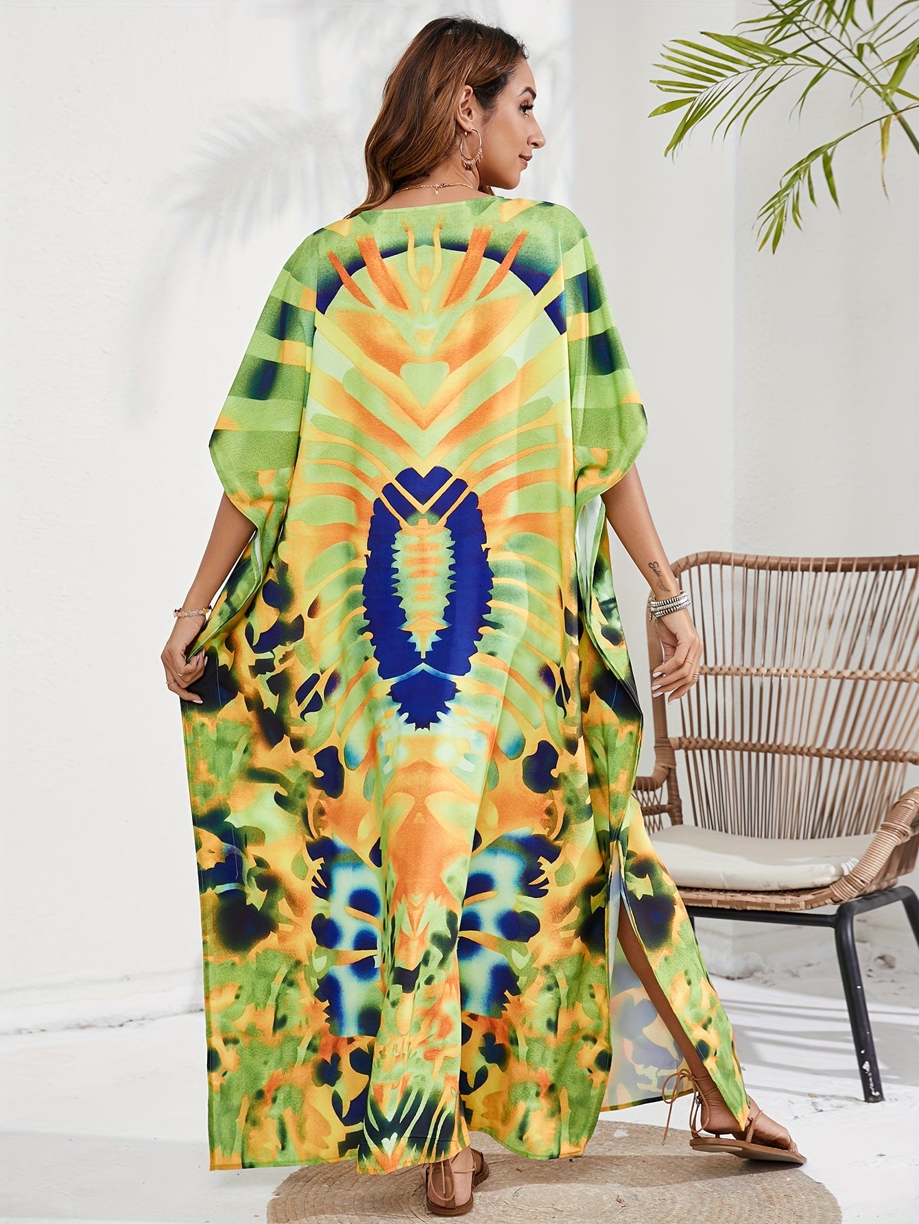  Boho Cover Up Women's Allover Print Maxi Split Dress