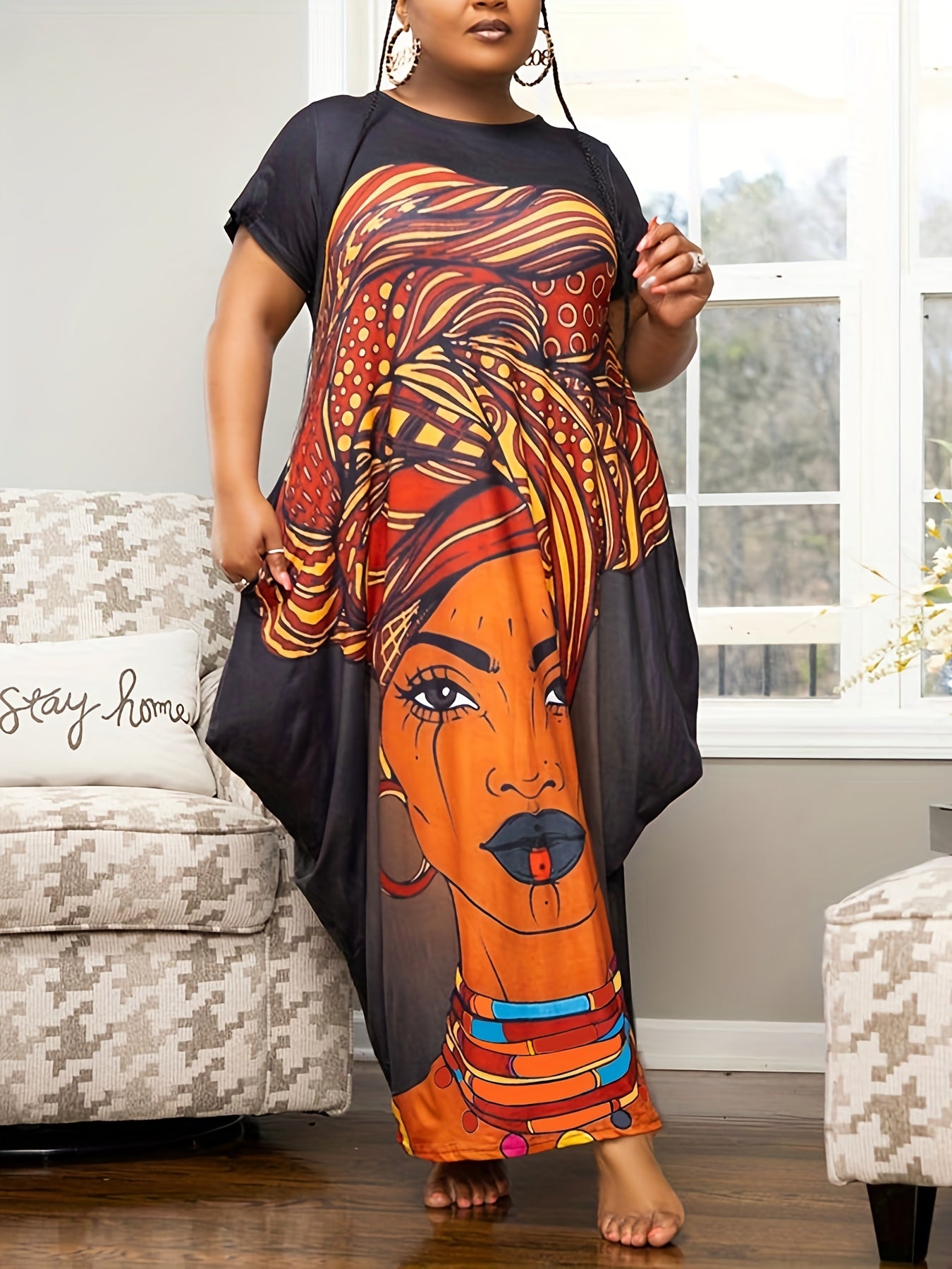  Figure Print Maxi Dress V Neck Ruched