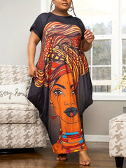  Figure Print Maxi Dress V Neck Ruched