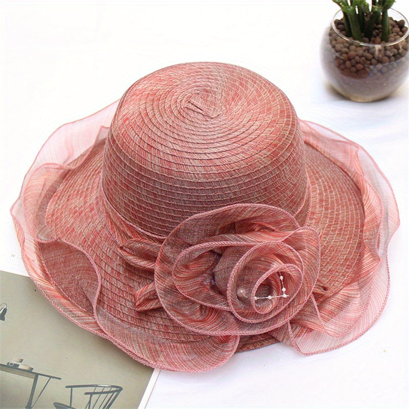 Organza Mesh Flower Sun Hat Striped Ruffles Bucket Hat