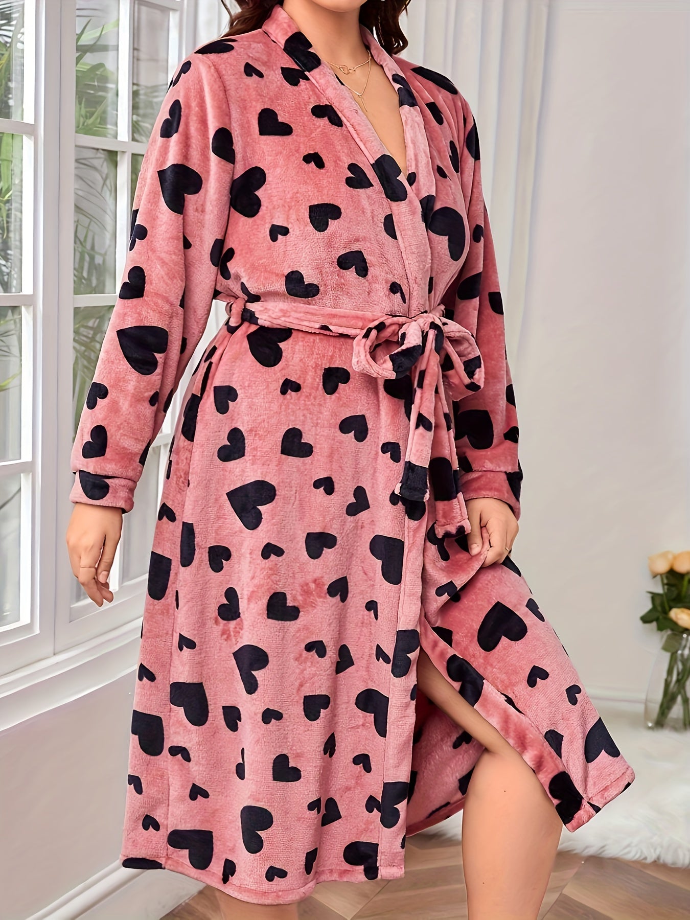  Heart Pattern Long Sleeve Flannel Robe