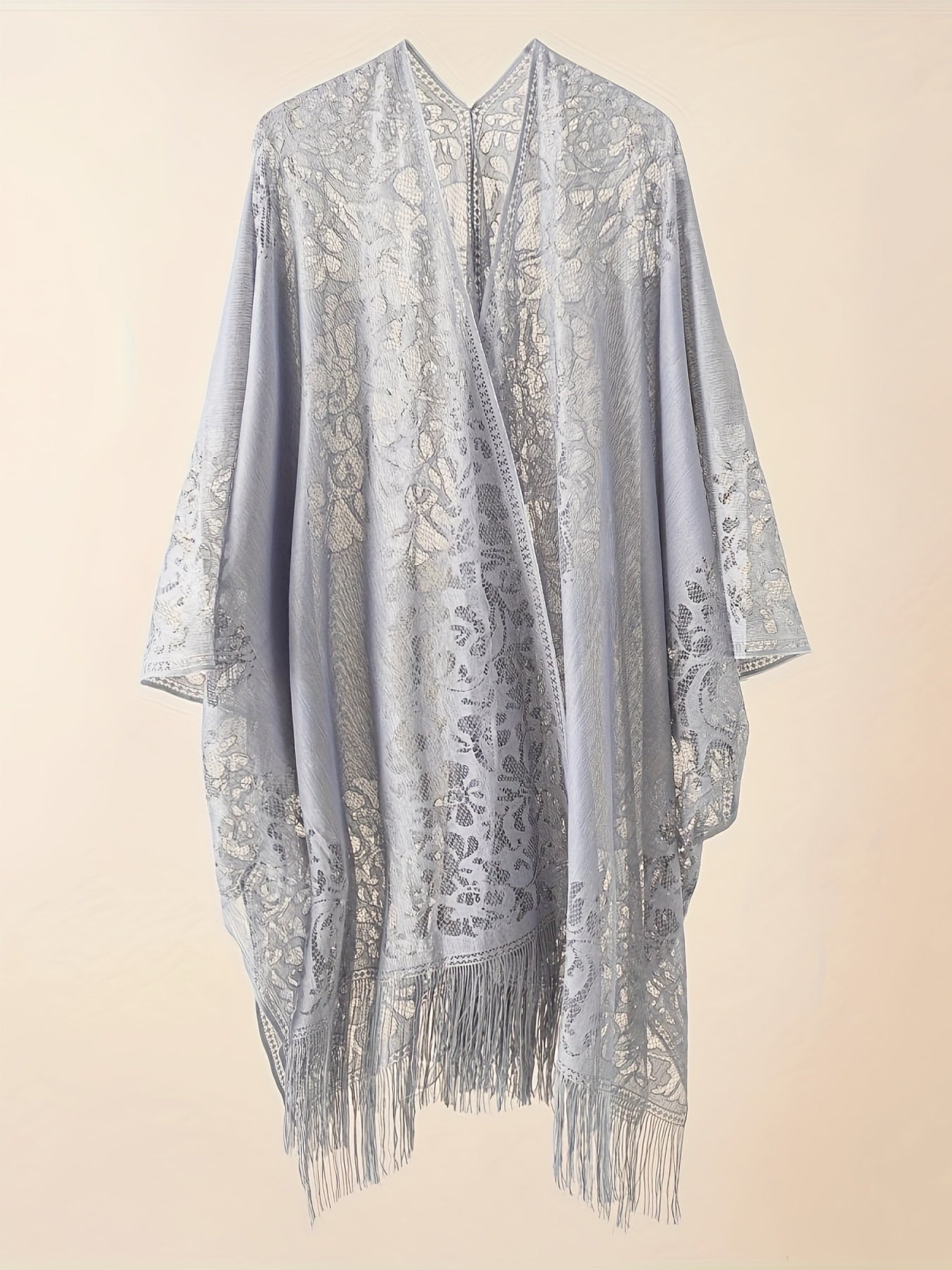  Lace Batwing Sleeve Beach Cover Up with Tassel Trim