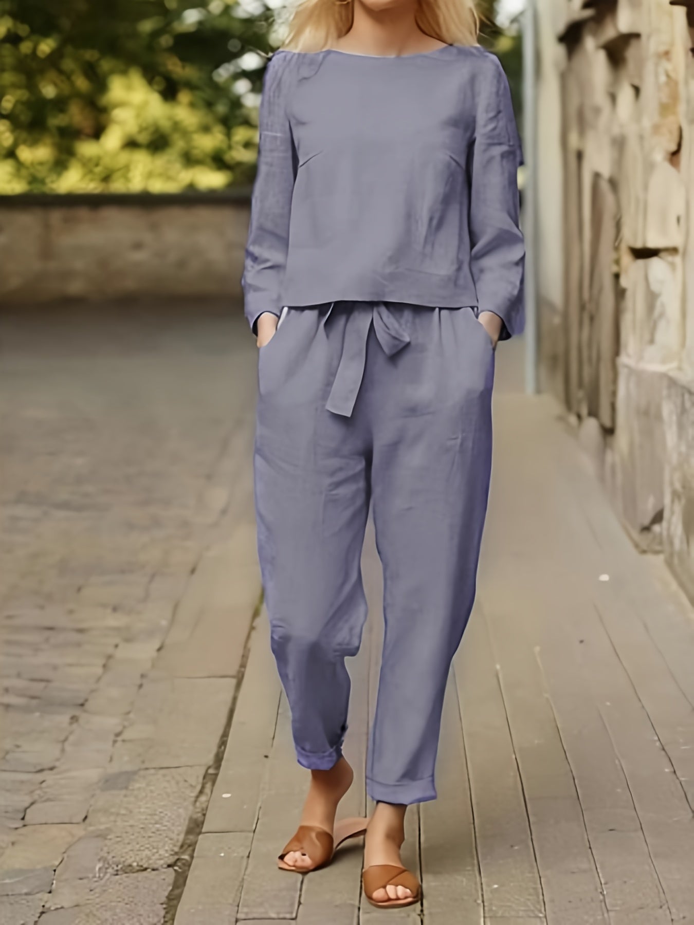 Casual Two Piece Set Solid Long Sleeve Tops & Loose High Waisted Pants