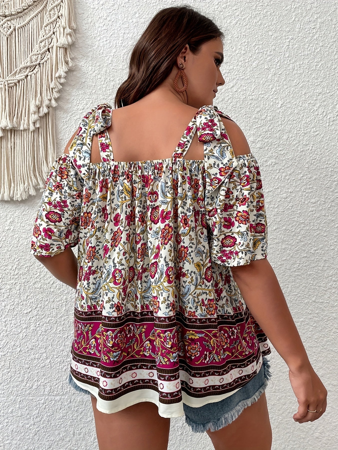  Boho Blouse Women's Plus Colorblock Floral Print