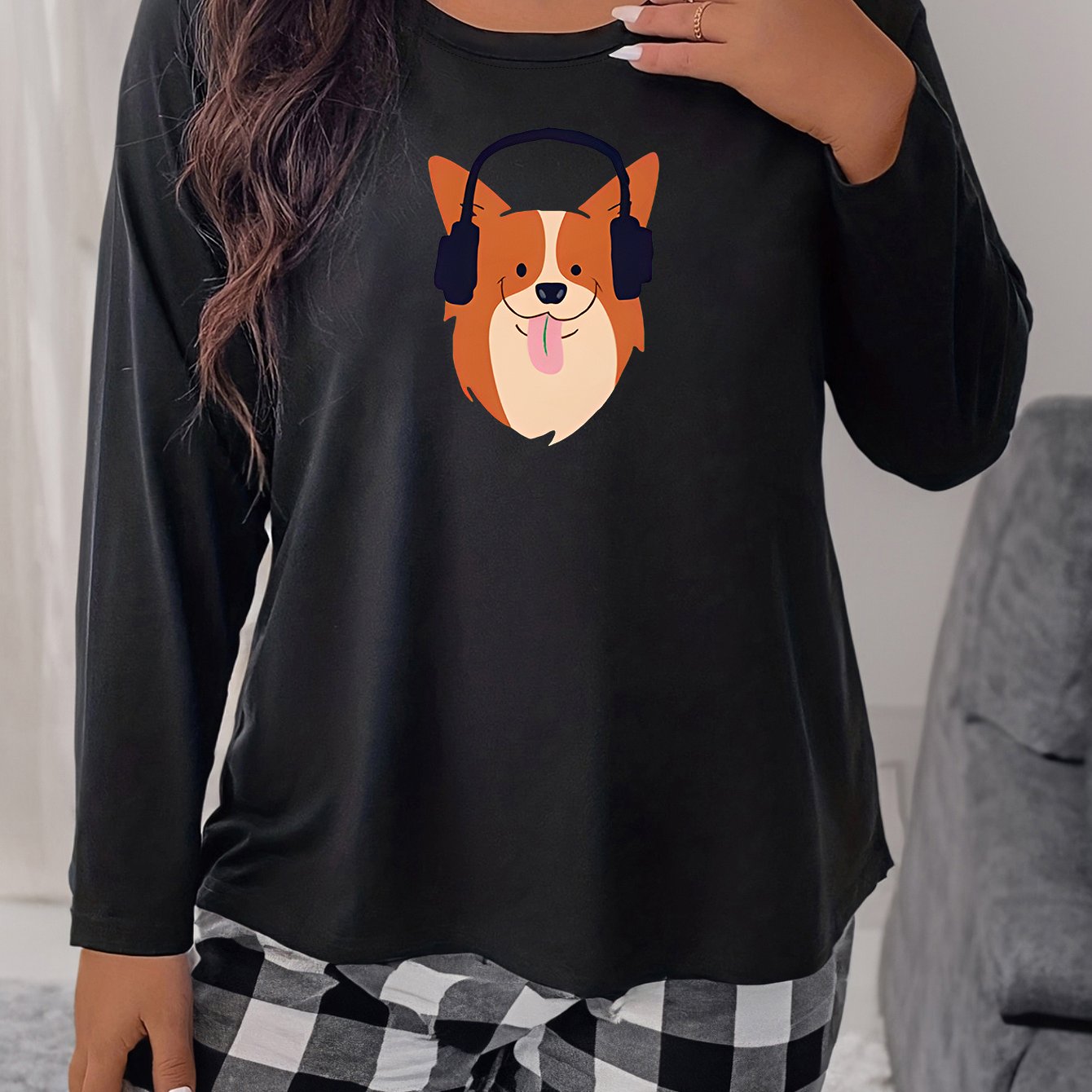  Puppy Print Long Sleeve Round Neck Home Wear Tee