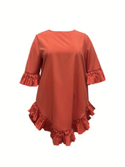  Casual Dress Solid Ruffle Trim Half Sleeve Loose Fit Mini Dress