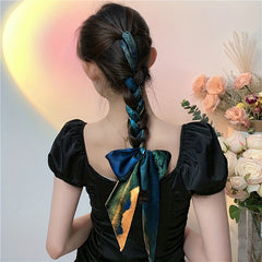 Vintage Printed Silky Scarf Hair Ribbon Long Bow Ribbon Braided Hair Rope
