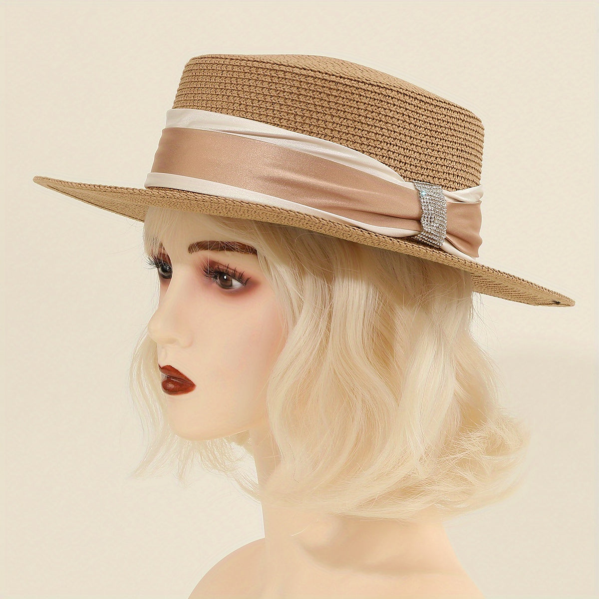 Khaki Sun Hats Satin Wide Strap Decor Flat Top Jazz Straw Hat