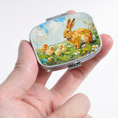 Easter Bunny Print Pill Organizer 2 Compartment Metal Case for Travel & Outdoor