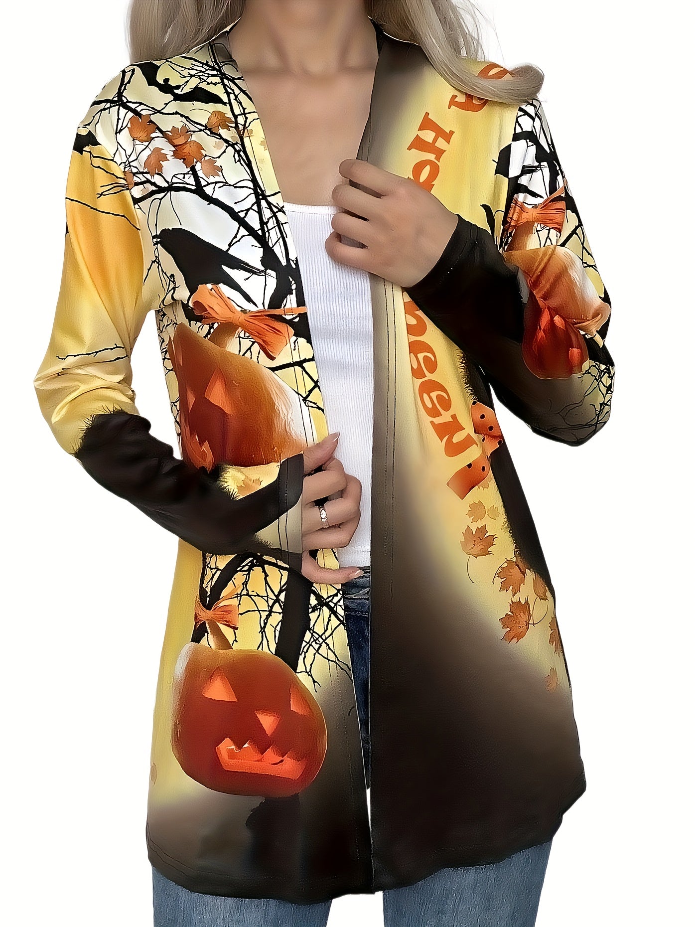  Halloween Casual Cardigan Women's Plus Graphic Print Long Sleeve 