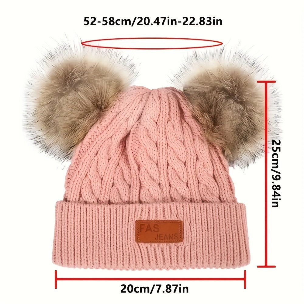 Kids Double Fur Ball Beanie Knitted Hat Autumn Winter Warm Ear Protection
