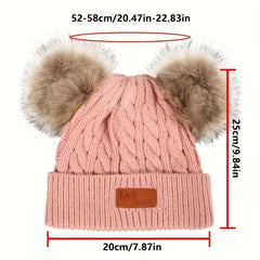 Kids Double Fur Ball Beanie Knitted Hat Autumn Winter Warm Ear Protection