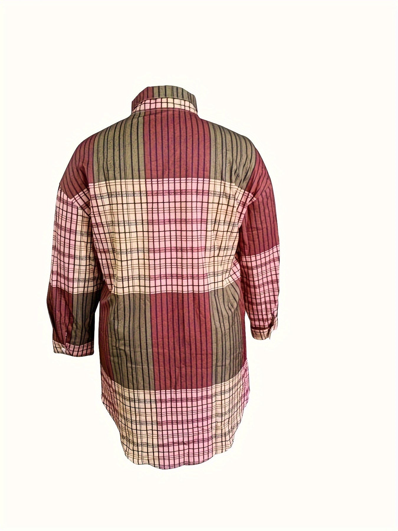  Colorblock Plaid Blouse Long Sleeve Button Up