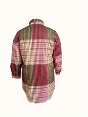  Colorblock Plaid Blouse Long Sleeve Button Up