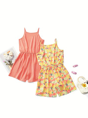 Girls Lemon Graphic Bow Front Cami Rompers Set