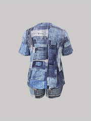 Women's Plus Denim Print Short Sleeve Top & Shorts Set
