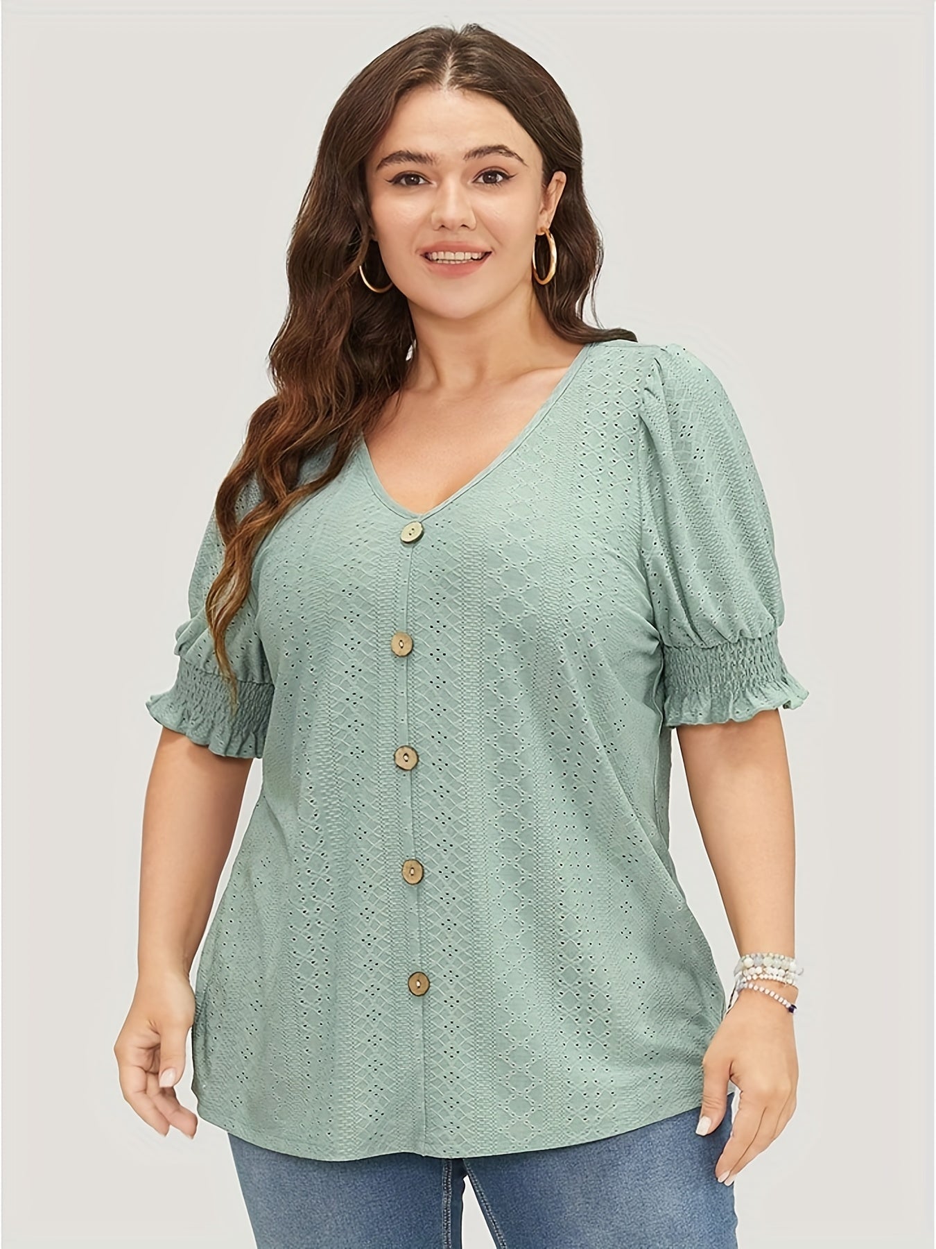  Eyelet Embroidered Puff Sleeve Blouse