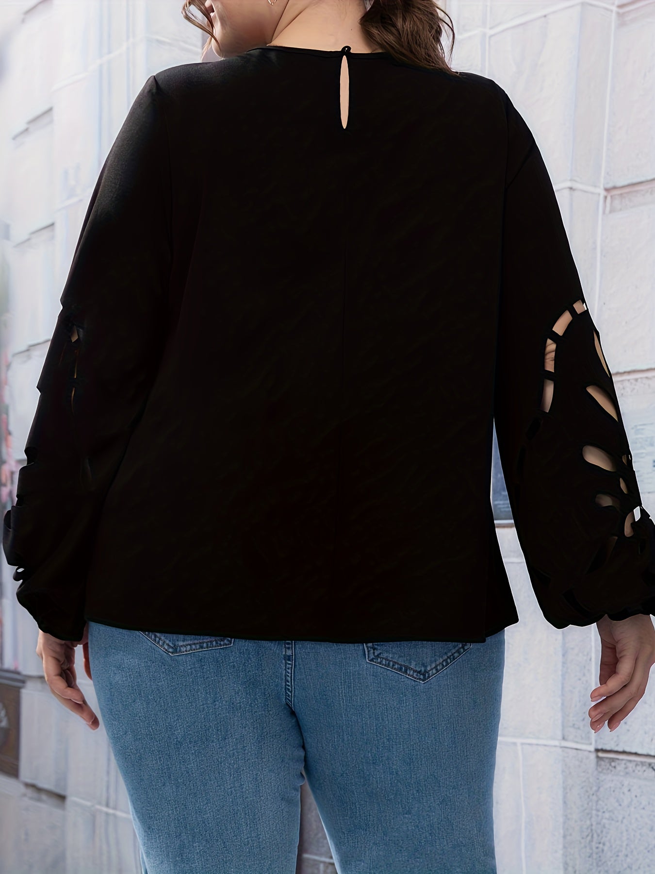  Solid Cut Out Lantern Sleeve Top