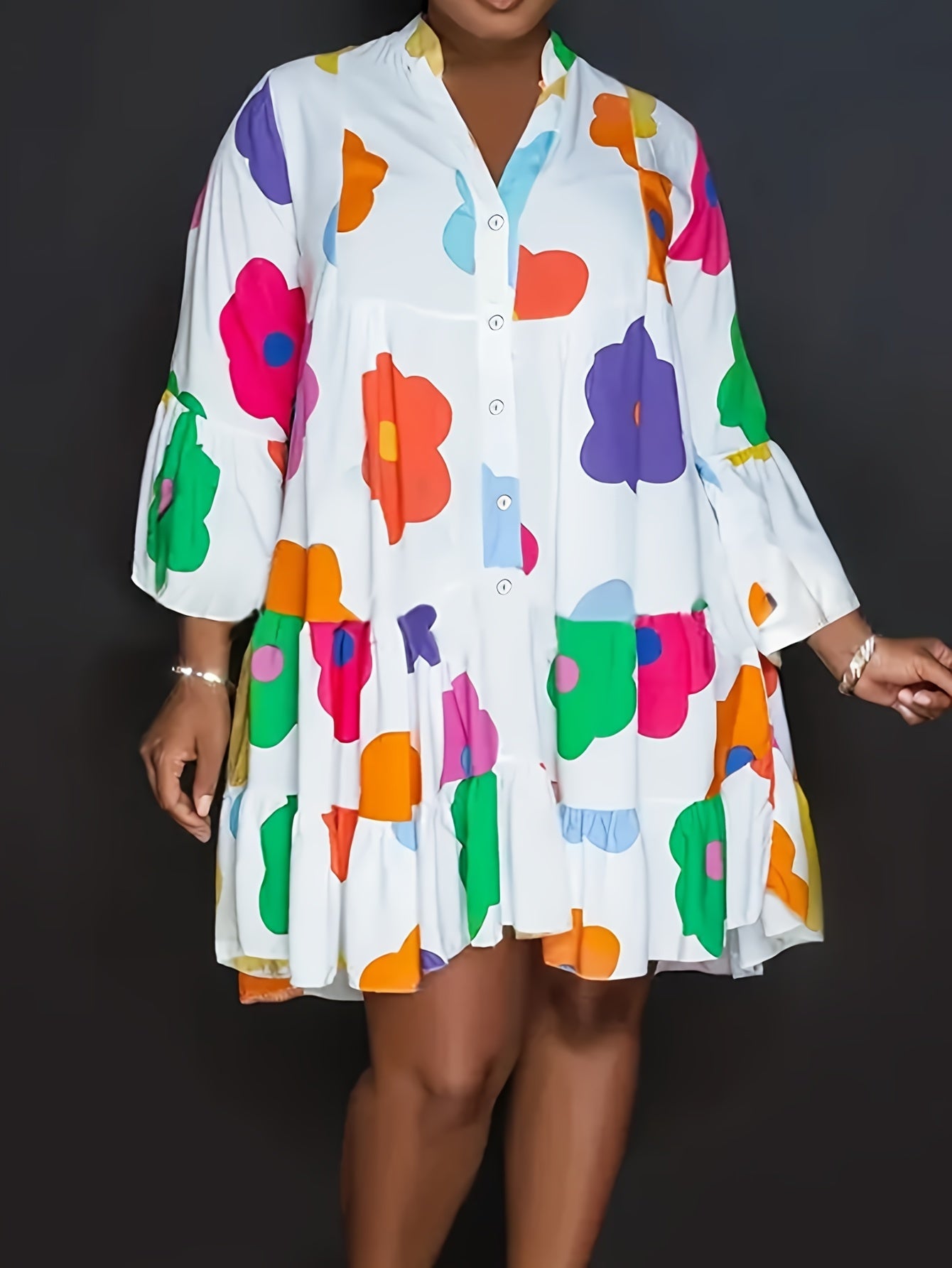  Floral Print Long Sleeve V Neck Shirt Dress
