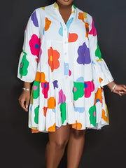  Floral Print Long Sleeve V Neck Shirt Dress
